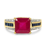 14K Yellow Gold Plate 3.83 Carat Genuine Glass Filled Ruby Blue Sapphire White Topaz 925 Silver Ring