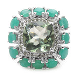 7.29 Carat Genuine Green Amethyst, Emerald & White Topaz .925 Sterling Silver Ring