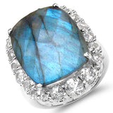 17.39 Carat Genuine Labradorite & White Topaz .925 Sterling Silver Ring