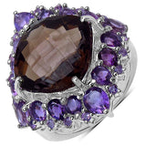 11.64 Carat Genuine Smoky Quartz & Amethyst .925 Sterling Silver Ring