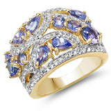 14K Yellow Gold Plated 3.05 Carat Genuine Tanzanite & White Topaz .925 Sterling Silver Ring