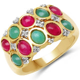 14K Yellow Gold Plated 2.72 Carat Genuine Emerald, Ruby & White Topaz .925 Sterling Silver Ring