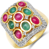 14K Yellow Gold Plated 2.79 Carat Genuine Emerald, Ruby & White Topaz .925 Sterling Silver Ring