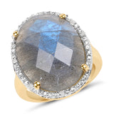 14K Yellow Gold Plated 12.10 Carat Genuine Labradorite and White Diamond .925 Sterling Silver Ring