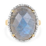14K Yellow Gold Plated 12.10 Carat Genuine Labradorite and White Diamond .925 Sterling Silver Ring