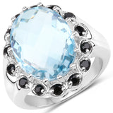 12.49 Carat Genuine Blue Topaz & Black Spinel .925 Sterling Silver Ring