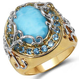 Two Tone Plated 6.79 Carat Genuine Larimar & Blue Topaz .925 Sterling Silver Ring