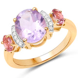 14K Yellow Gold Plate 2.56 Carat Genuine Pink Amethyst Pink Tourmaline White Topaz .925 Silver Ring