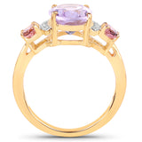 14K Yellow Gold Plate 2.56 Carat Genuine Pink Amethyst Pink Tourmaline White Topaz .925 Silver Ring