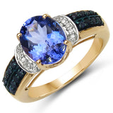 2.98 Carat Genuine Tanzanite, Blue Sapphire & White Diamond 10K Yellow Gold Ring