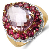 14K Yellow Gold Plated 6.75 Carat Genuine Amethyst & Rhodolite .925 Sterling Silver Ring