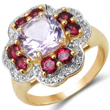14K Yellow Gold Plated 3.47 Carat Genuine Amethyst Rhodolite & White Topaz .925 Sterling Silver Ring
