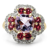 14K Yellow Gold Plated 3.47 Carat Genuine Amethyst Rhodolite & White Topaz .925 Sterling Silver Ring