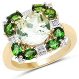 14K Yellow Gold Plate 5.36 Carat Genuine Green Amethyst Chrome Diopside White Topaz .925 Silver Ring