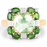 14K Yellow Gold Plate 5.36 Carat Genuine Green Amethyst Chrome Diopside White Topaz .925 Silver Ring