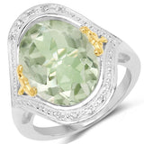 7.95 Carat Genuine Green Amethyst & White Diamond .925 Sterling Silver Ring