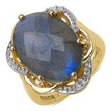14K Yellow Gold Plated 10.86 Carat Genuine Labradorite & White Topaz .925 Sterling Silver Ring