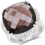 11.45 Carat Genuine Smoky Quartz & White Diamond .925 Sterling Silver Ring