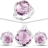 31.22 Carat Genuine Pink Amethyst White Topaz 925 Silver 3 Pc Jewelry Set Ring Earring Pendant Chain