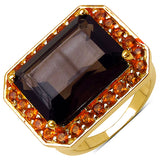 14K Yellow Gold Plated 11.66 Carat Genuine Smoky Quartz .925 Sterling Silver Ring