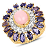 14K Yellow Gold Plated 5.44 Carat Genuine Pink Opal, Iolite & White Topaz .925 Sterling Silver Ring