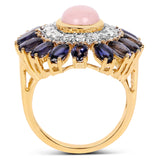 14K Yellow Gold Plated 5.44 Carat Genuine Pink Opal, Iolite & White Topaz .925 Sterling Silver Ring