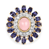 14K Yellow Gold Plated 5.44 Carat Genuine Pink Opal, Iolite & White Topaz .925 Sterling Silver Ring