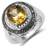 2.92 Carat Genuine Golden Citrine, Champagne Diamond & White Diamond .925 Sterling Silver Ring