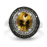 2.92 Carat Genuine Golden Citrine, Champagne Diamond & White Diamond .925 Sterling Silver Ring