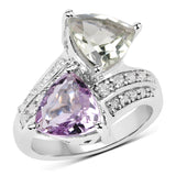 5.00 Carat Genuine Pink Amethyst, Green Amethyst and White Topaz .925 Sterling Silver Ring
