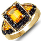 14K Yellow Gold Plated 2.22 Carat Genuine Citrine & Black Spinel .925 Sterling Silver Ring