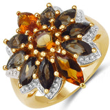 14K Yellow Gold Plated 3.46 Carat Genuine Citrine & Smoky Quartz .925 Sterling Silver Ring