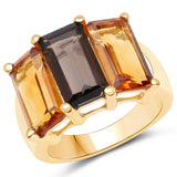 14K Yellow Gold Plate 8.14 Carat Genuine Smoky Quartz Citrine & Champagne Quartz .925 Silver Ring