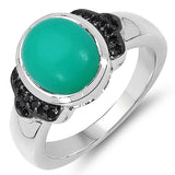 3.18 Carat Genuine Crysopharse & Black Spinel .925 Sterling Silver Ring