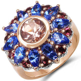 14K Rose Gold Plated 4.00 Carat Genuine Morganite, Tanzanite & Rhodolite .925 Sterling Silver Ring
