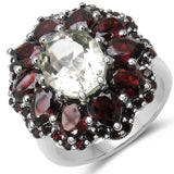 7.49 Carat Genuine Green Amethyst & Garnet .925 Sterling Silver Ring