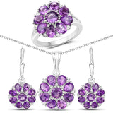9.28 Carat Genuine Amethyst & White Topaz .925 Silver 3 Pc Jewelry Set Ring Earring & Pendant Chain