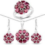 11.04 Carat Genuine Rhodolite Garnet White Topaz 925 Silver 3 Pc Jewelry Set