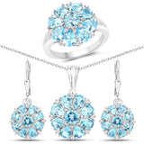 11.54 Carat Genuine Swiss Blue White Topaz .925 Silver 3 Pc Jewelry Set Ring Earring & Pendant Chain