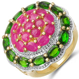 14K Yellow Gold Plated 5.78 Carat Genuine Chrome Diopside & Ruby .925 Sterling Silver Ring