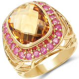 18K Yellow Gold Plated 6.35 Carat Genuine Citrine & Ruby .925 Sterling Silver Ring