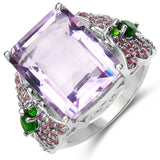 13.44 Carat Genuine Amethyst, Chrome Diopside & Rhodolite .925 Sterling Silver Ring