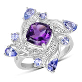 3.04 Carat Genuine Amethyst, Tanzanite & White Topaz .925 Sterling Silver Ring