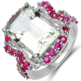 8.76 Carat Genuine Green Amethyst & Ruby .925 Sterling Silver Ring