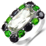 5.79 Carat Genuine Green Amethyst, Chrome Diopside & Black Spinel .925 Sterling Silver Ring