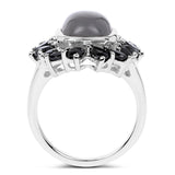 8.37 Carat Genuine Grey Moonstone and Black Spinel .925 Sterling Silver Ring