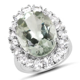 14.17 Carat Genuine Green Amethyst and White Topaz .925 Sterling Silver Ring