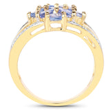 14K Yellow Gold Plated 1.59 Carat Genuine Tanzanite and White Topaz .925 Sterling Silver Ring