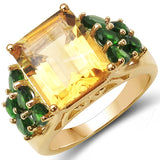 18K Yellow Gold Plated 6.85 Carat Genuine Citrine & Chrome Diopside .925 Sterling Silver Ring
