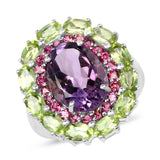 8.76 Carat Genuine Amethyst, Rhodolite & Peridot .925 Sterling Silver Ring